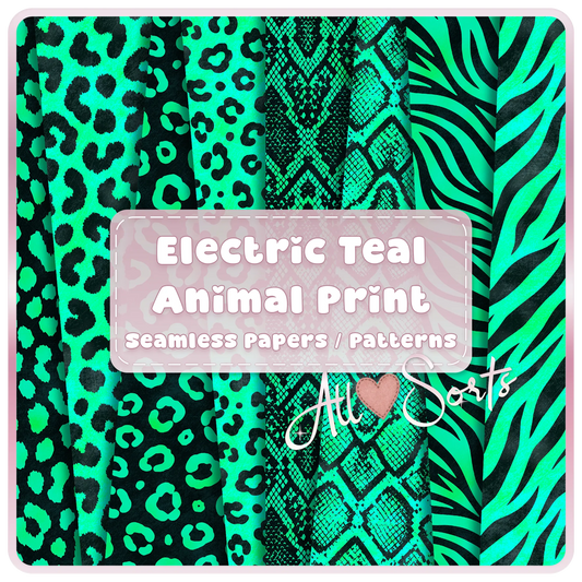 Electric teal animal print seamless digital paper pack preview with black leopard, snake, zebra, and safari patterns by All Sorts Crafts.