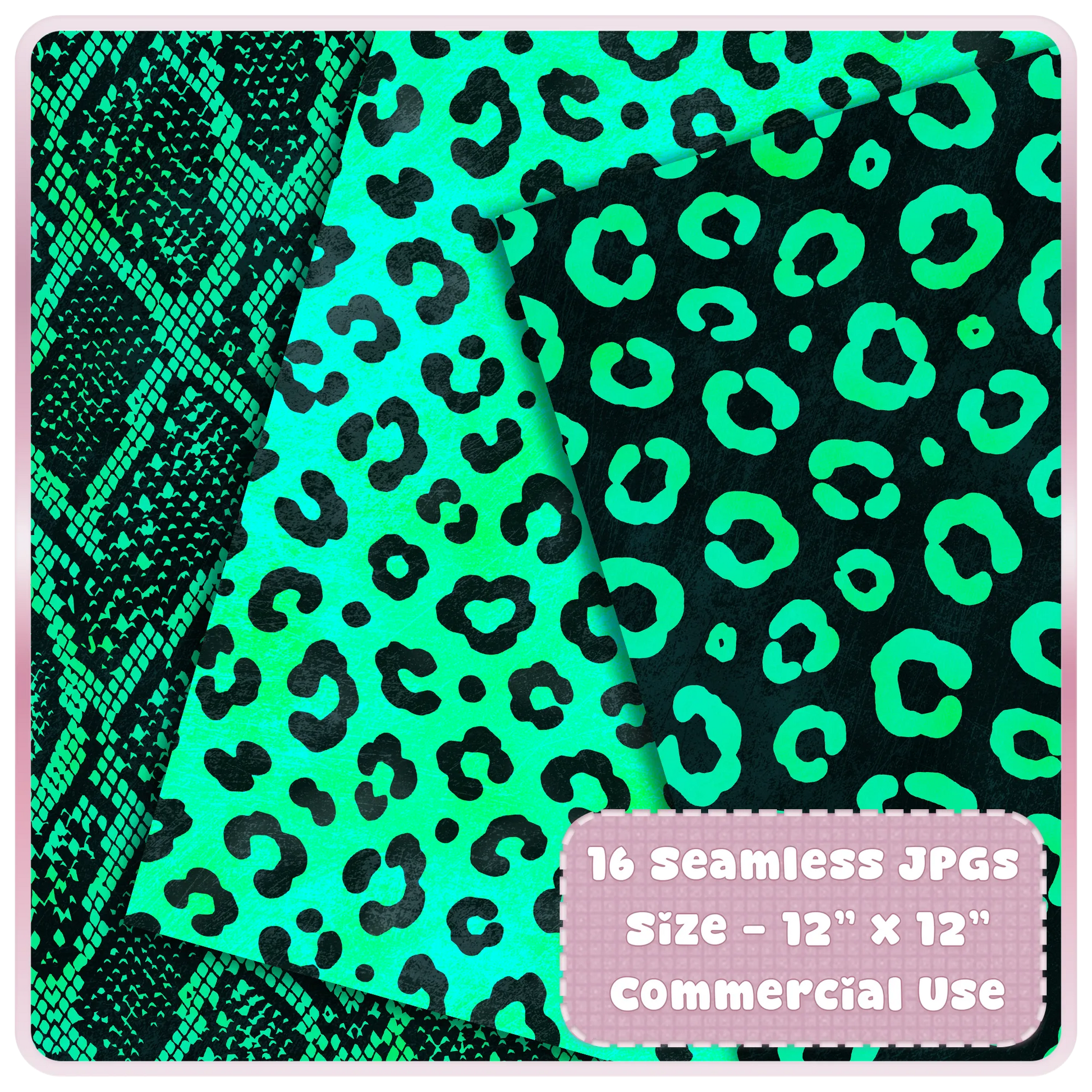 Electric teal and black animal print seamless JPG papers featuring snake skin and leopard print digital scrapbook patterns.