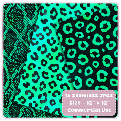 Electric teal and black animal print seamless JPG papers featuring snake skin and leopard print digital scrapbook patterns.