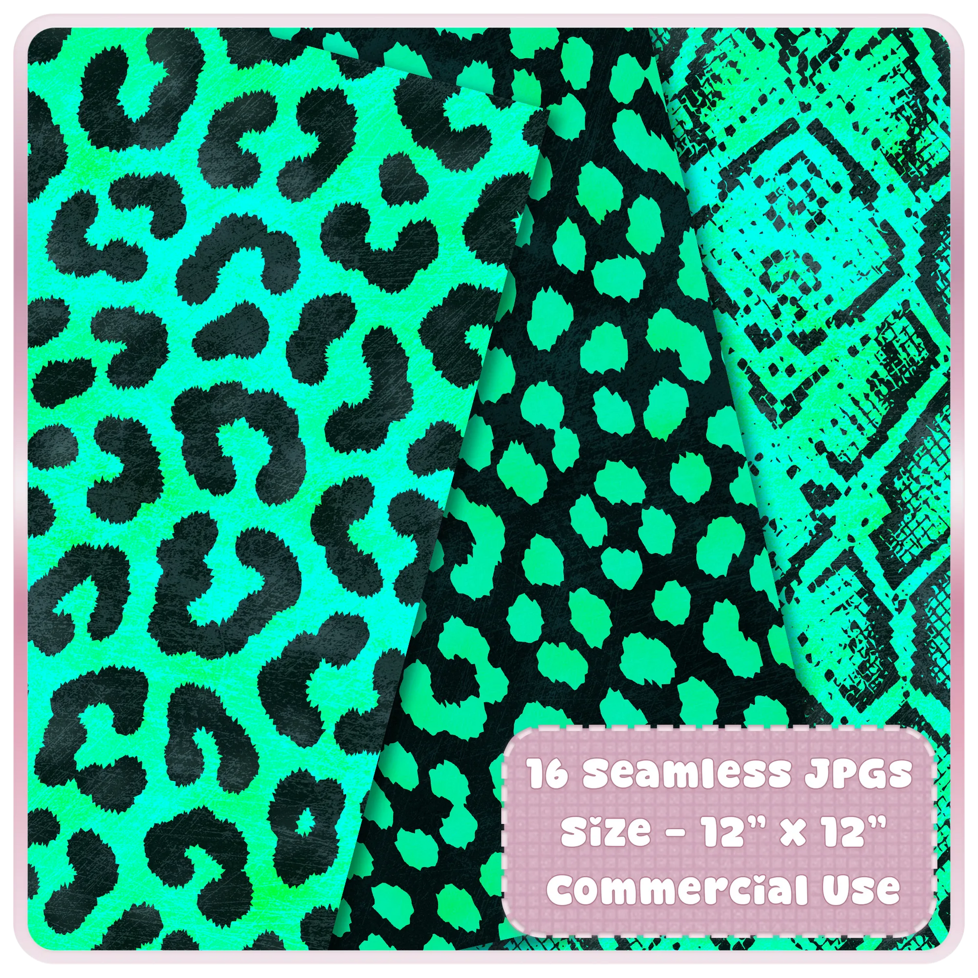 Bright teal leopard print and snake skin seamless digital papers with black animal spots and textured safari pattern designs.