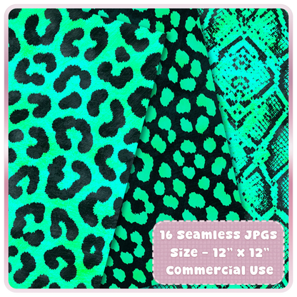 Bright teal leopard print and snake skin seamless digital papers with black animal spots and textured safari pattern designs.