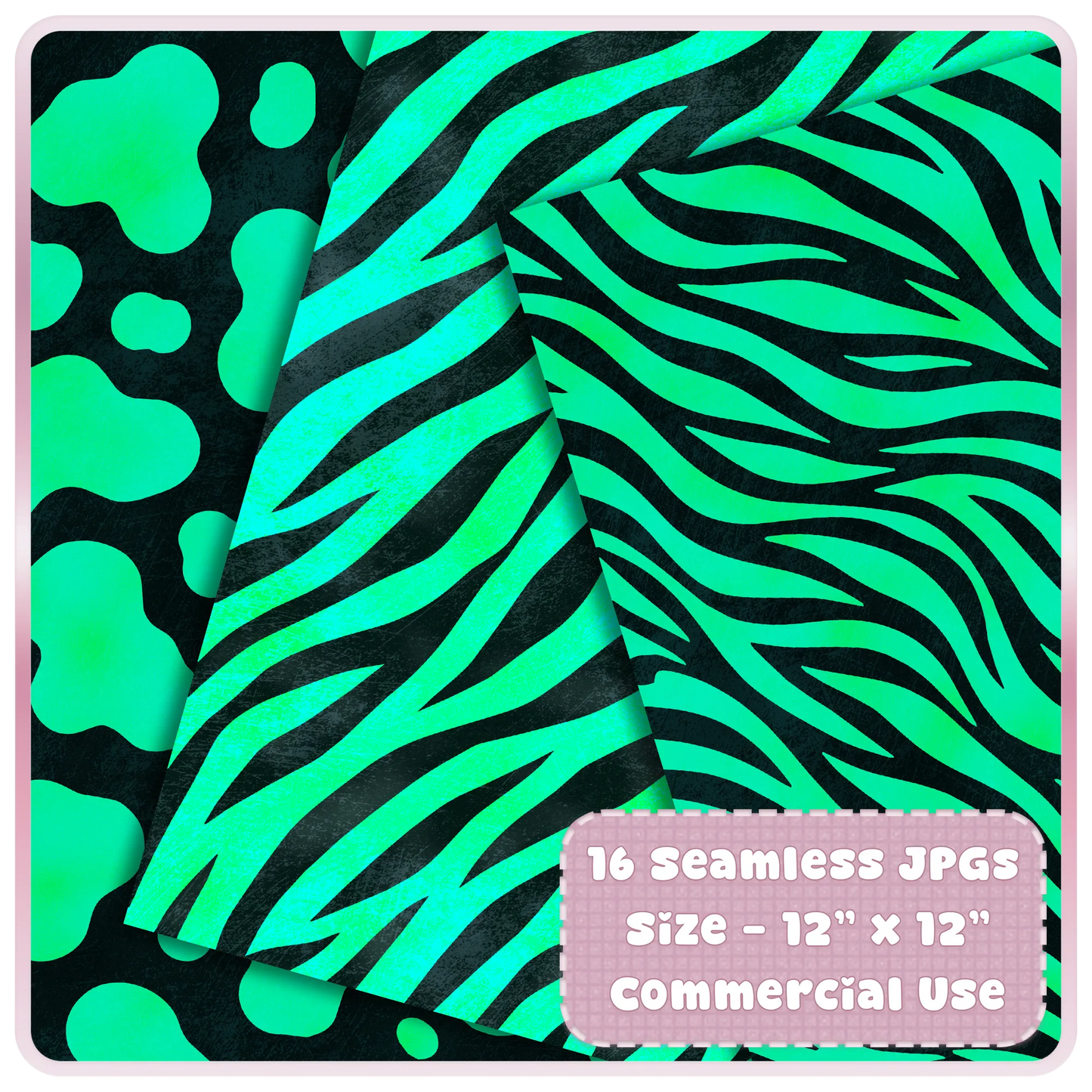 Electric teal zebra print seamless papers with bold black animal stripe patterns for digital crafts and sublimation designs.