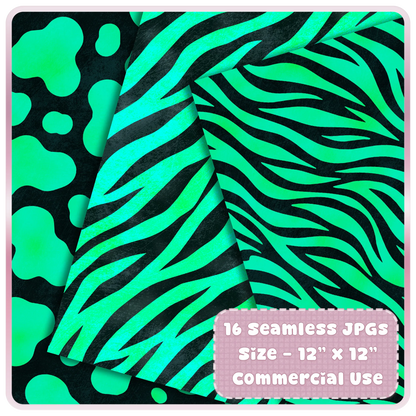 Electric teal zebra print seamless papers with bold black animal stripe patterns for digital crafts and sublimation designs.