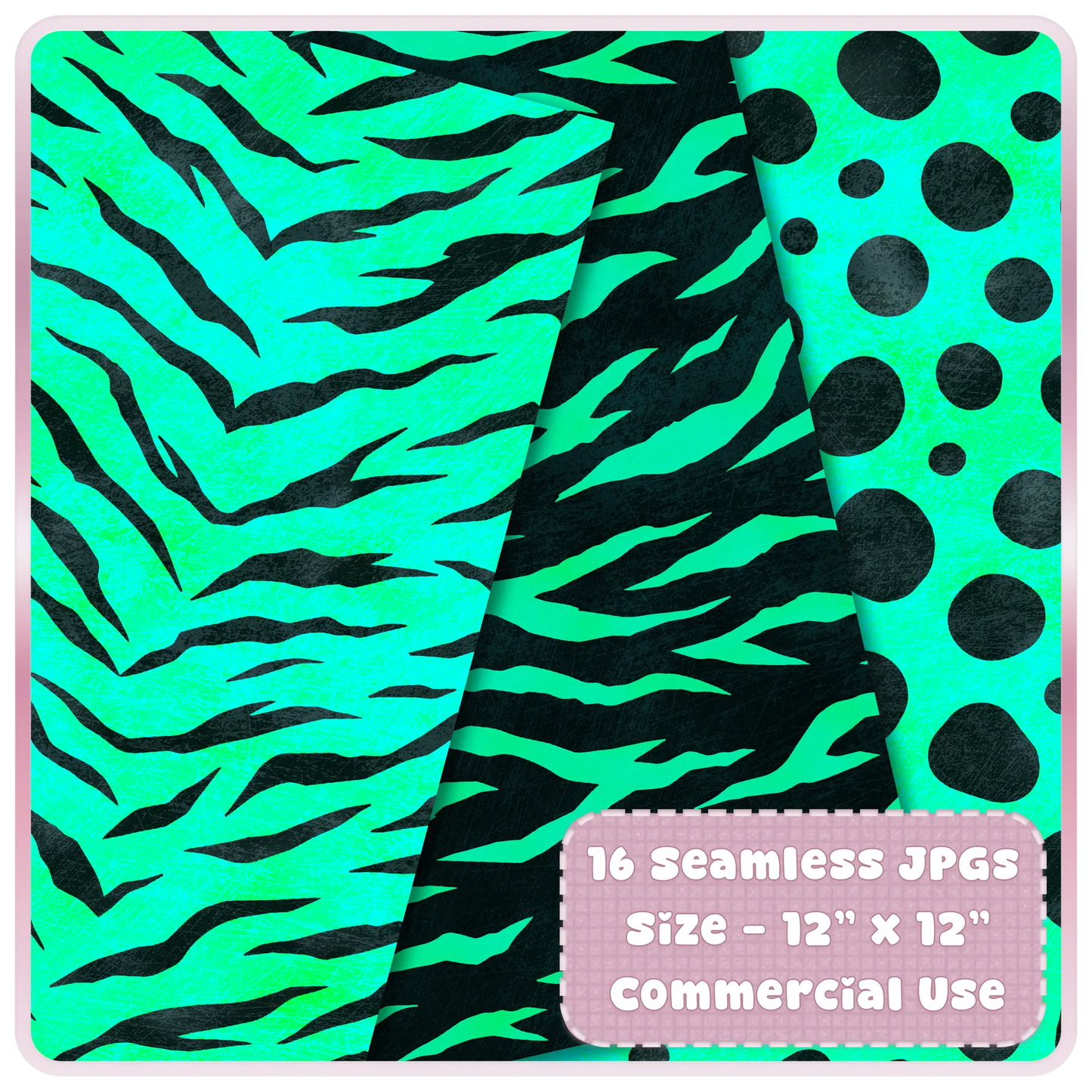 Teal tiger stripe and black animal print seamless digital paper designs with dotted safari background for craft projects.
