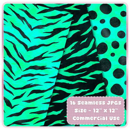 Teal tiger stripe and black animal print seamless digital paper designs with dotted safari background for craft projects.