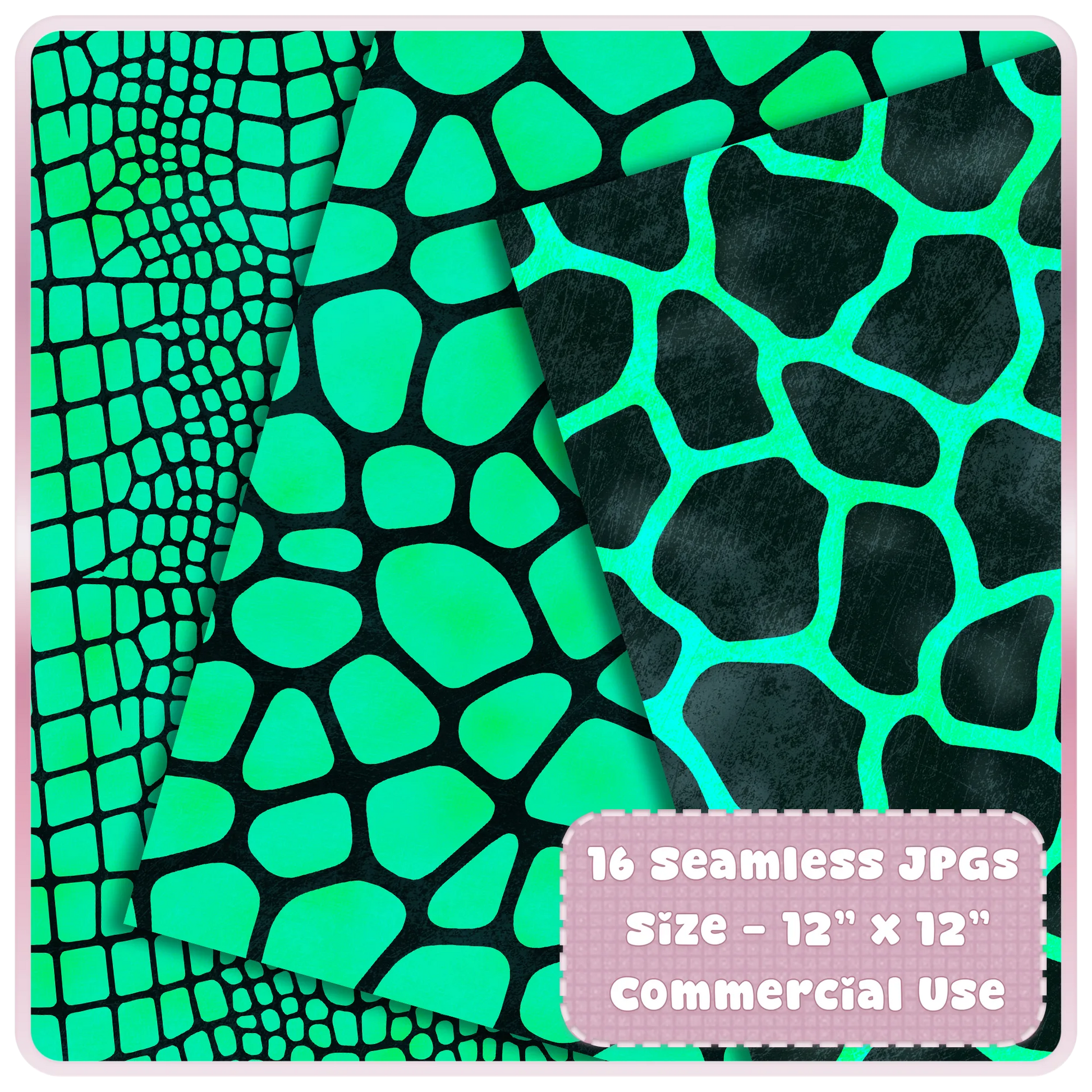 Electric teal crocodile, giraffe, and reptile animal print seamless JPG papers for scrapbooking, printing, and digital design.