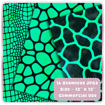 Electric teal crocodile, giraffe, and reptile animal print seamless JPG papers for scrapbooking, printing, and digital design.