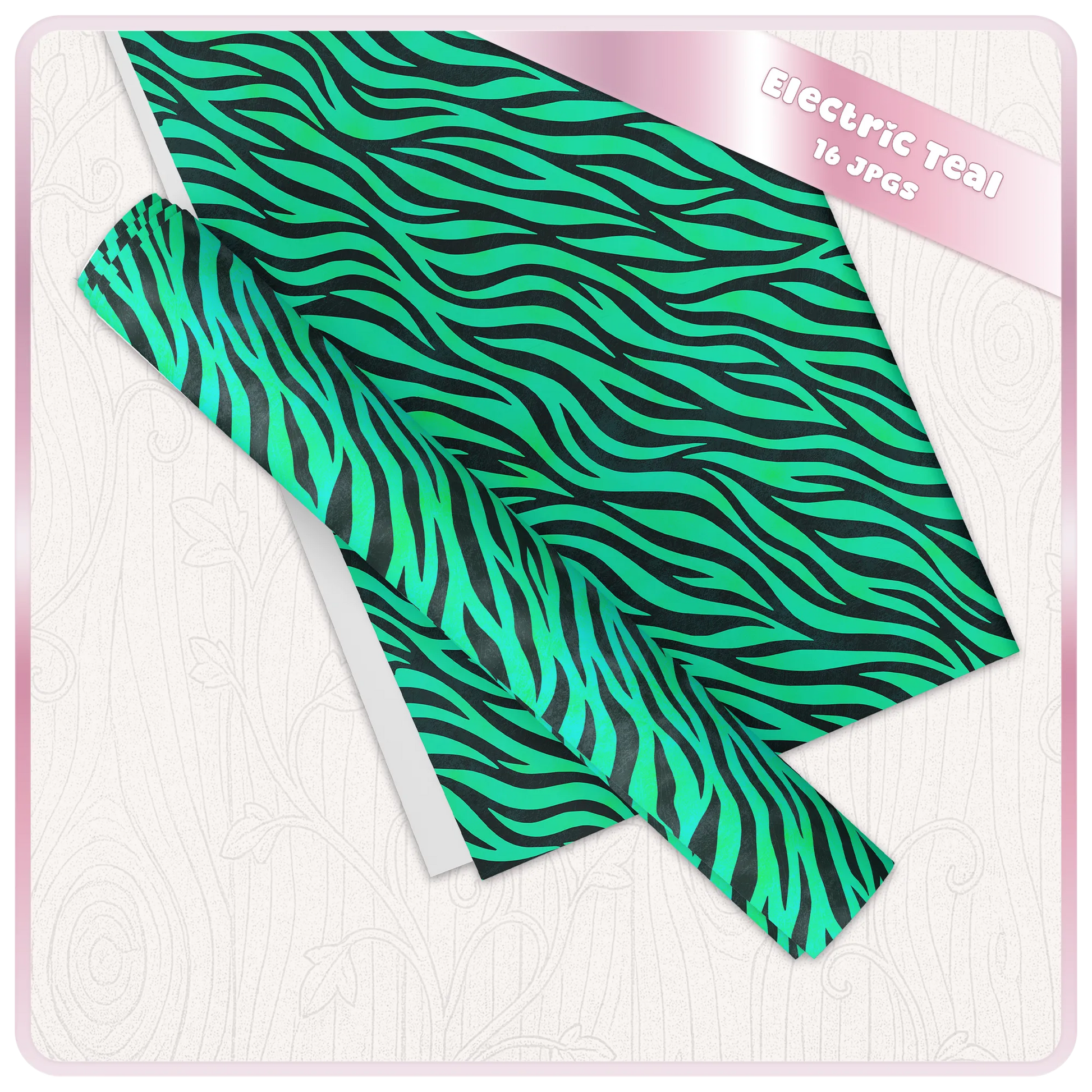 Electric teal zebra print digital paper mockup showing seamless animal pattern sheets for printable crafts and stationery.