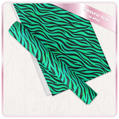 Electric teal zebra print digital paper mockup showing seamless animal pattern sheets for printable crafts and stationery.