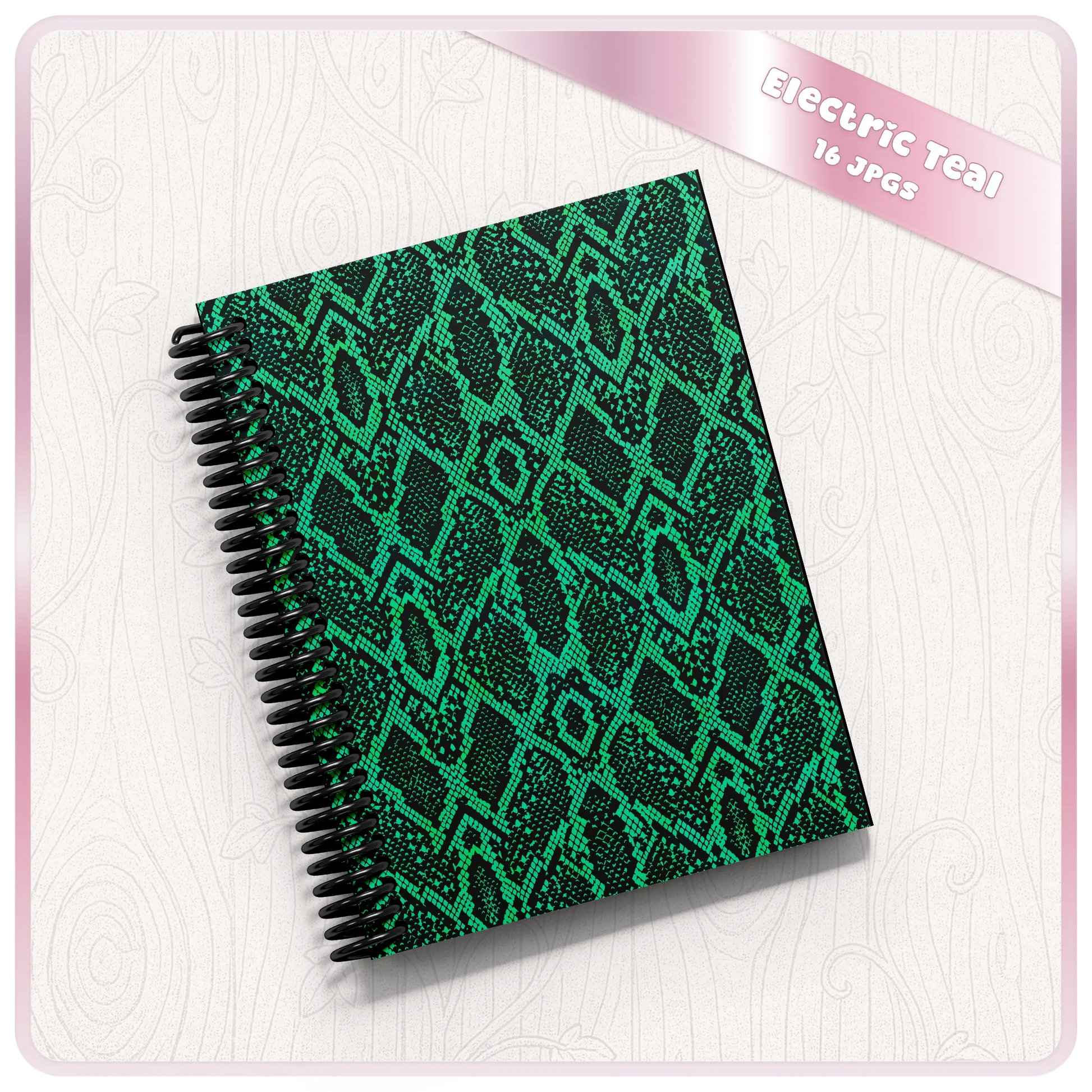 Electric teal snake skin seamless pattern displayed on a spiral notebook mockup for digital paper and product design projects.