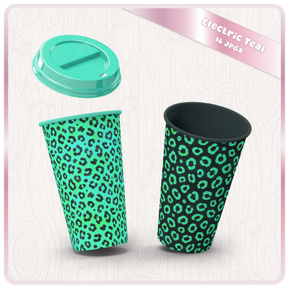 Electric teal leopard print seamless digital paper shown on coffee cup mockups for sublimation, packaging, and craft designs.