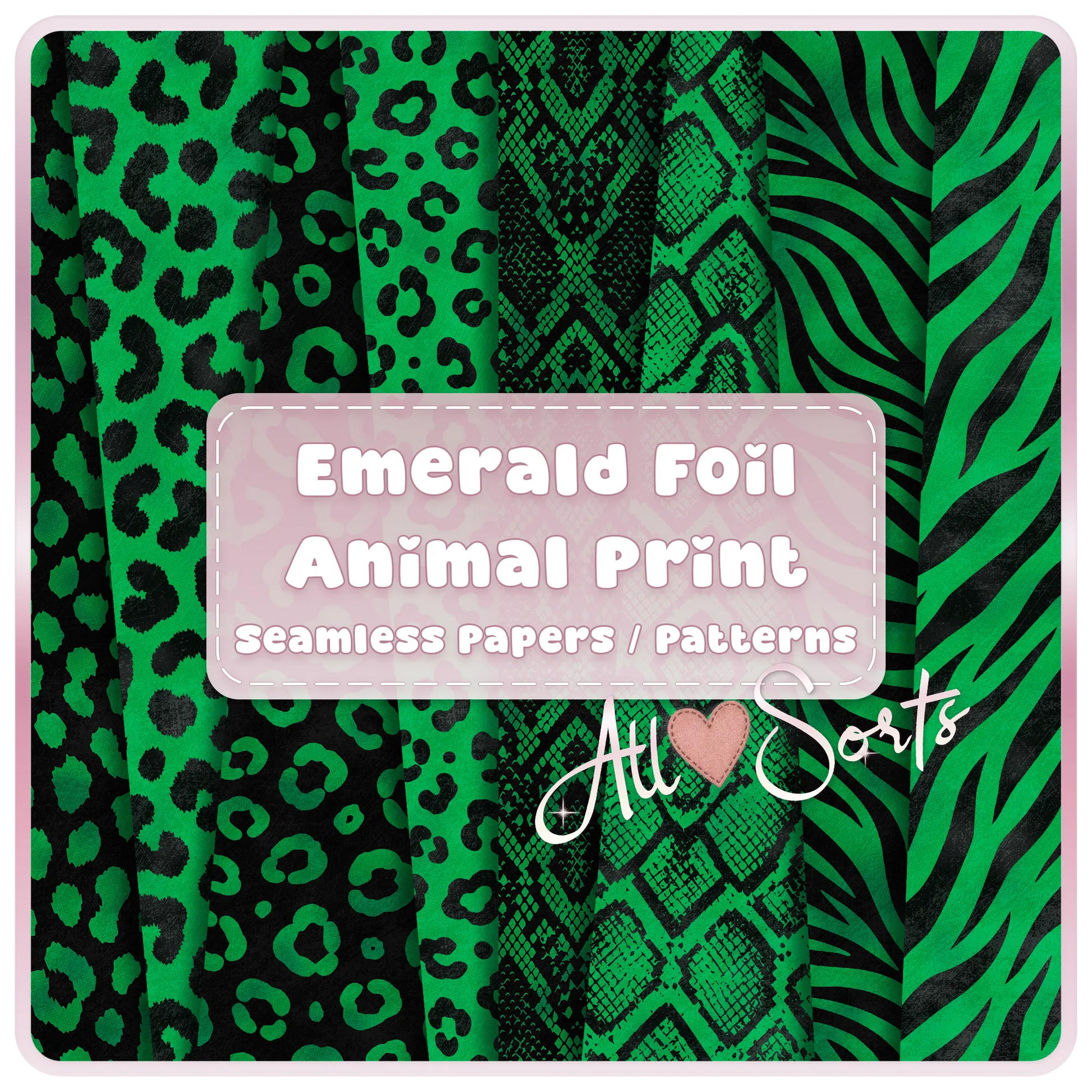 Emerald foil animal print seamless digital paper pack preview with green and black leopard, snake, zebra, and safari patterns by All Sorts Crafts.