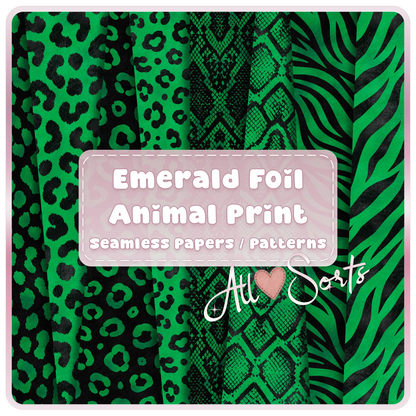 Emerald foil animal print seamless digital paper pack preview with green and black leopard, snake, zebra, and safari patterns by All Sorts Crafts.