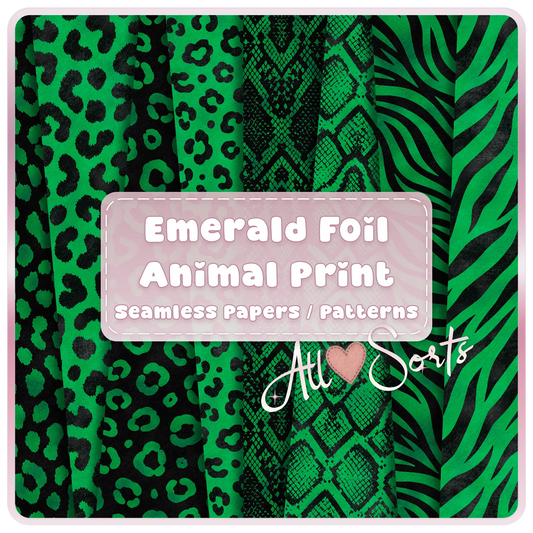 Emerald foil animal print seamless digital paper pack preview with green and black leopard, snake, zebra, and safari patterns by All Sorts Crafts.