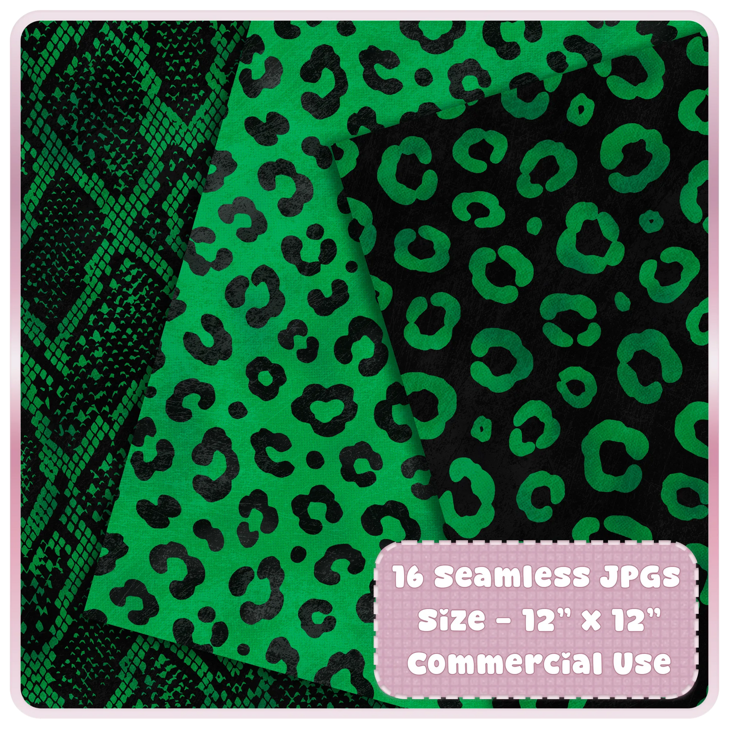 Emerald green and black animal print seamless JPG papers featuring snake skin and leopard print digital scrapbook patterns.