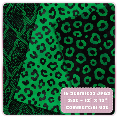 Emerald green and black animal print seamless JPG papers featuring snake skin and leopard print digital scrapbook patterns.