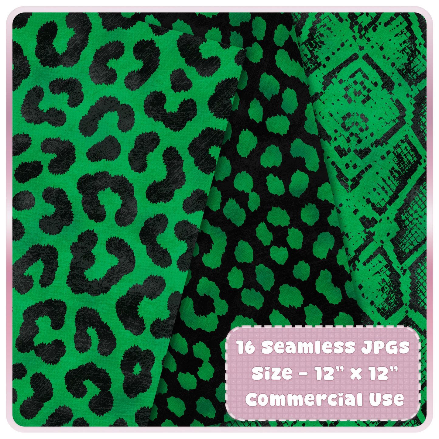 Green leopard print and snake skin seamless digital papers with black animal spots and emerald foil-style texture.