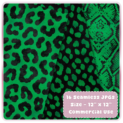 Green leopard print and snake skin seamless digital papers with black animal spots and emerald foil-style texture.