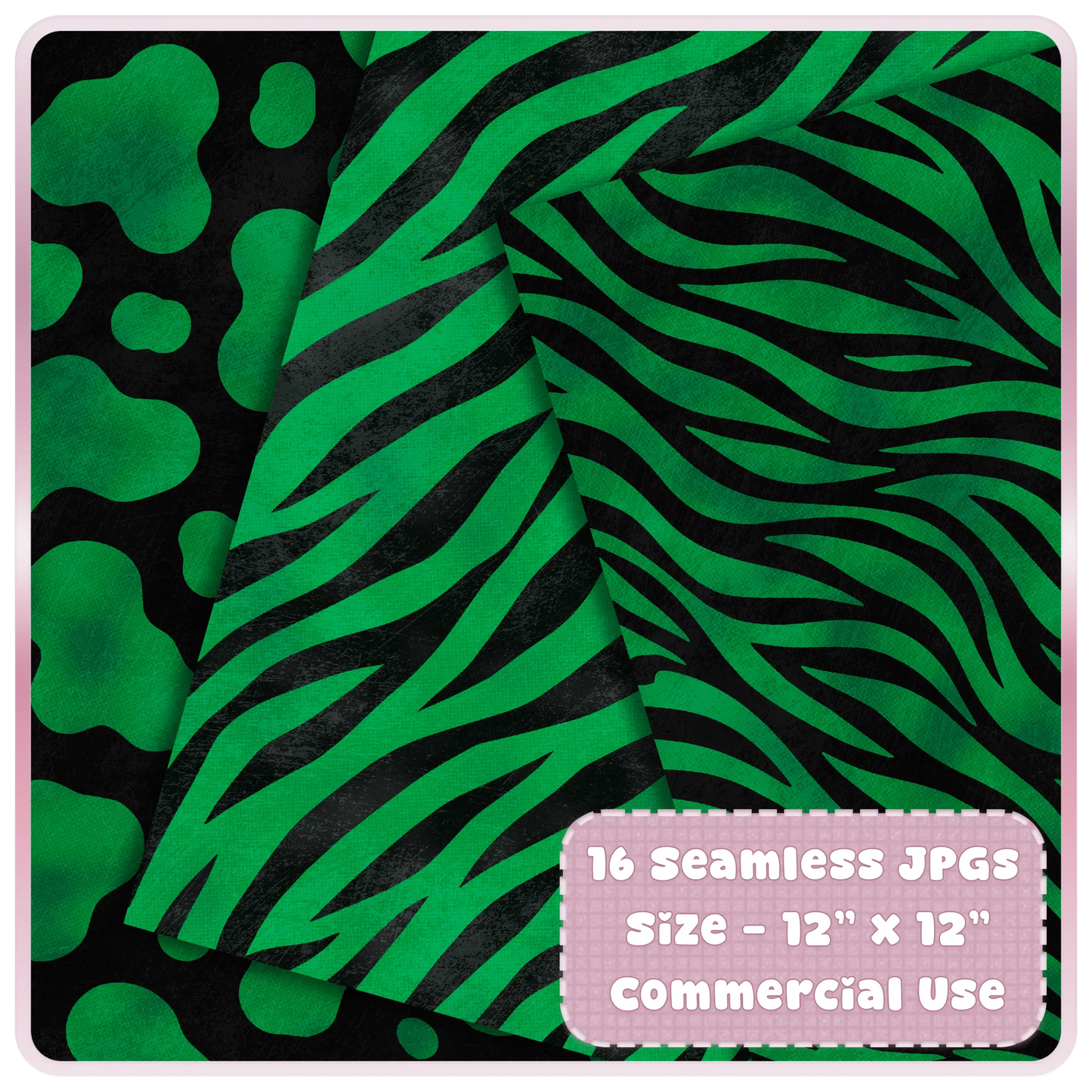 Emerald zebra print seamless papers with green and black animal stripe patterns for digital crafts and sublimation designs.