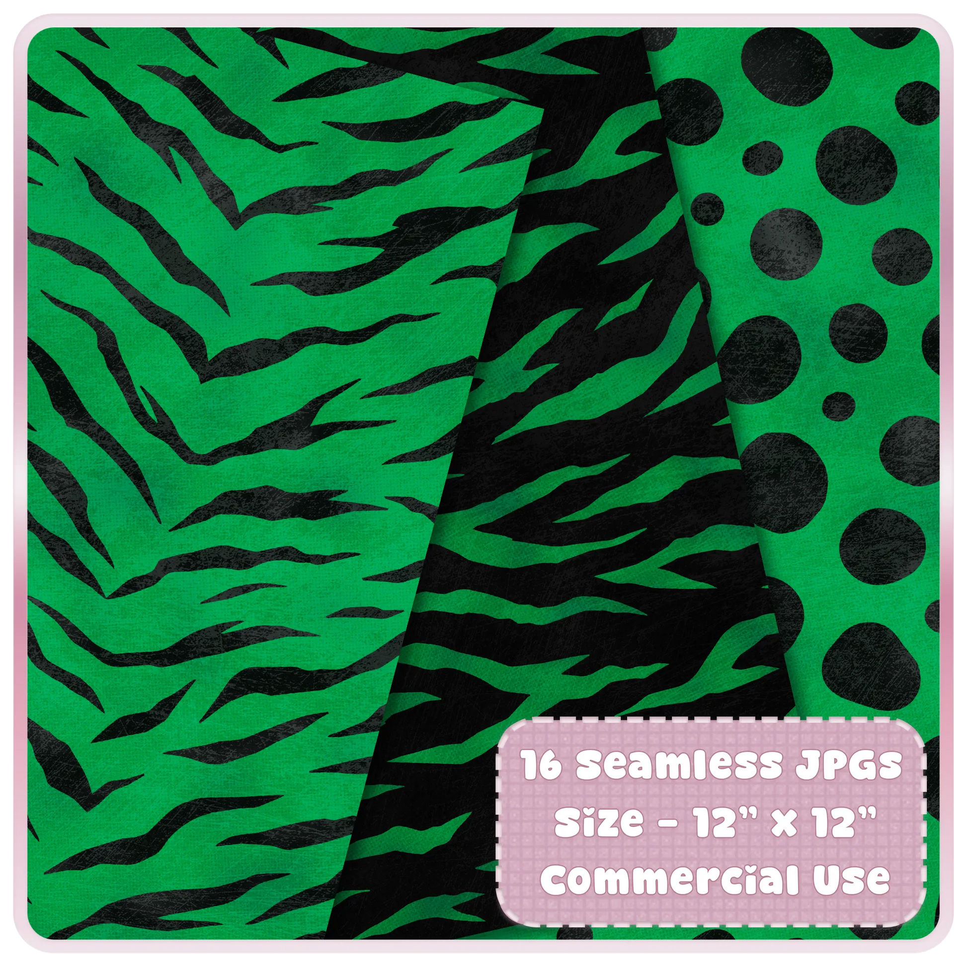 Emerald green tiger stripe and black animal print seamless digital paper designs with dotted safari background.