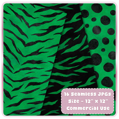 Emerald green tiger stripe and black animal print seamless digital paper designs with dotted safari background.