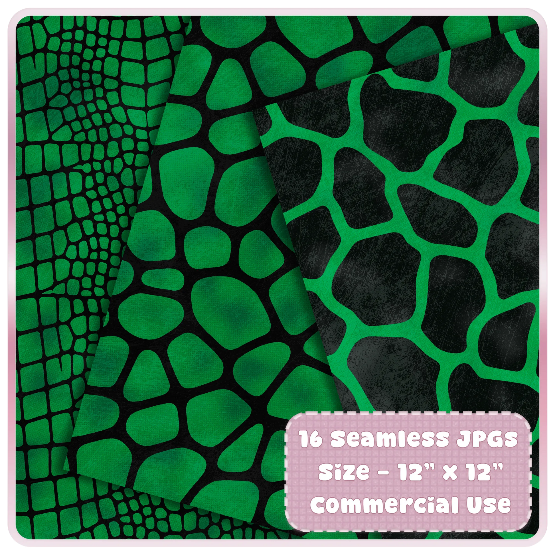Green and black crocodile, giraffe, and reptile animal print seamless JPG papers for scrapbook and craft projects.