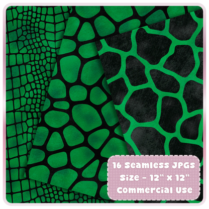 Green and black crocodile, giraffe, and reptile animal print seamless JPG papers for scrapbook and craft projects.