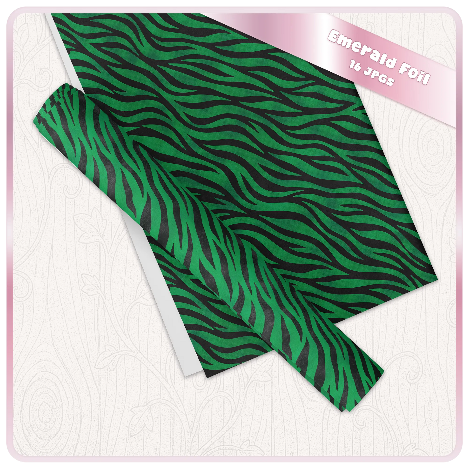 Emerald foil zebra print digital paper mockup showing seamless animal pattern sheets for printable crafts and stationery.