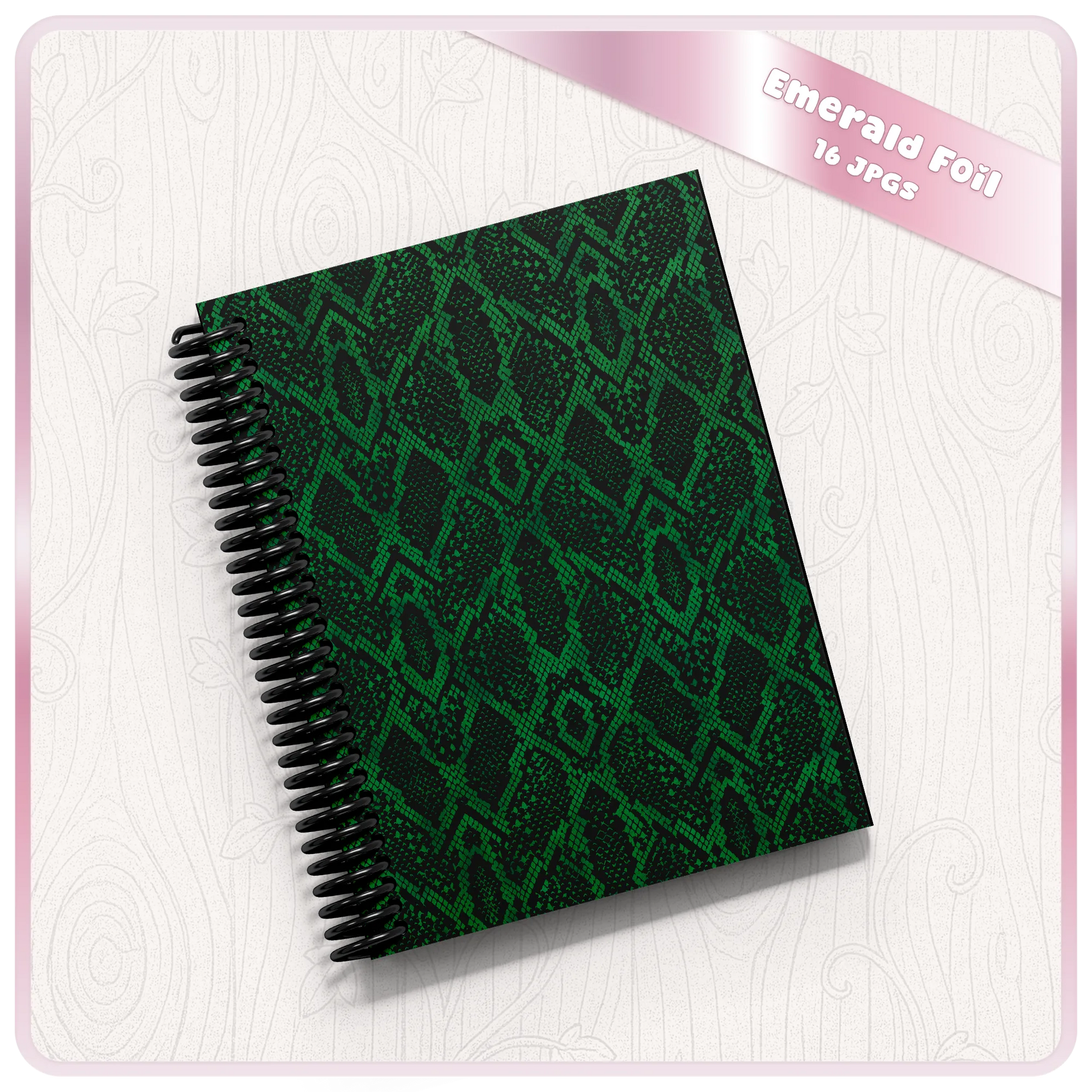 Emerald green snake skin seamless pattern shown on spiral notebook mockup for digital paper and product design projects.