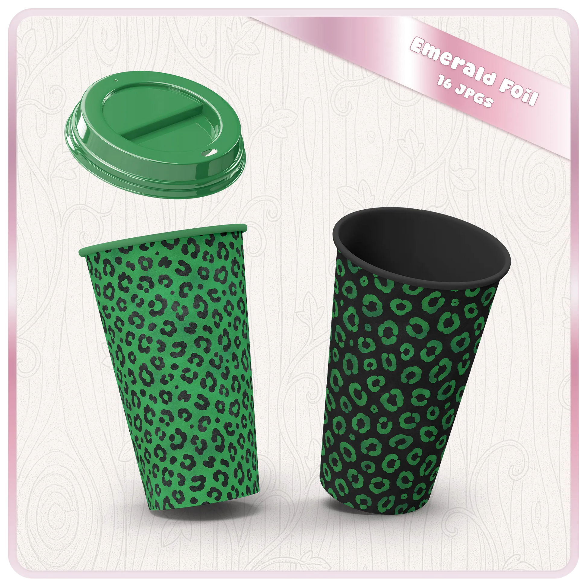 Emerald leopard print seamless digital paper displayed on coffee cup mockups for sublimation, packaging, and craft designs.