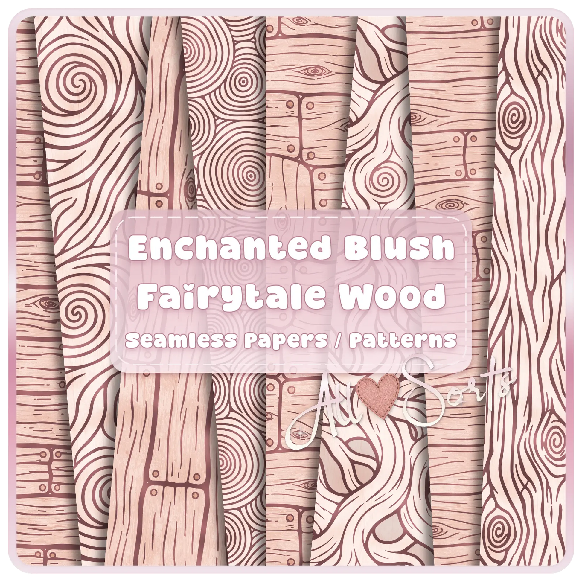 Enchanted blush fairytale wood seamless digital paper pack preview with pink wood grain, rustic plank, tree ring, and whimsical woodland patterns.