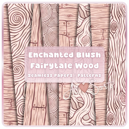 Enchanted blush fairytale wood seamless digital paper pack preview with pink wood grain, rustic plank, tree ring, and whimsical woodland patterns.