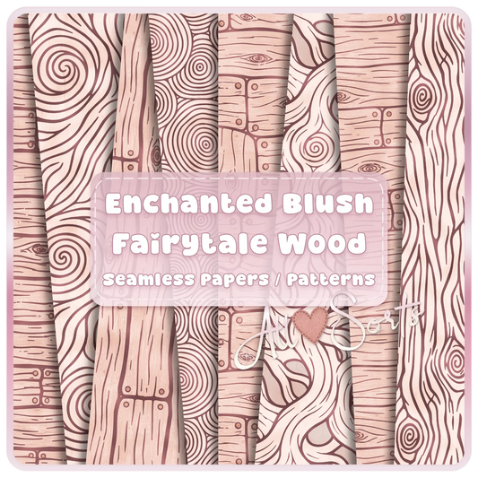 Enchanted blush fairytale wood seamless digital paper pack preview with pink wood grain, rustic plank, tree ring, and whimsical woodland patterns.