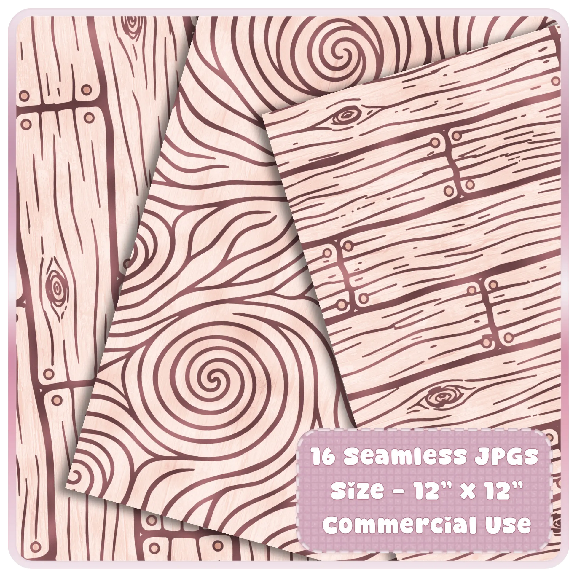 Close-up preview of blush pink seamless wood grain digital papers with fairytale tree rings and rustic plank patterns for scrapbooking and crafts.