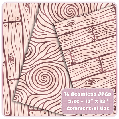 Close-up preview of blush pink seamless wood grain digital papers with fairytale tree rings and rustic plank patterns for scrapbooking and crafts.