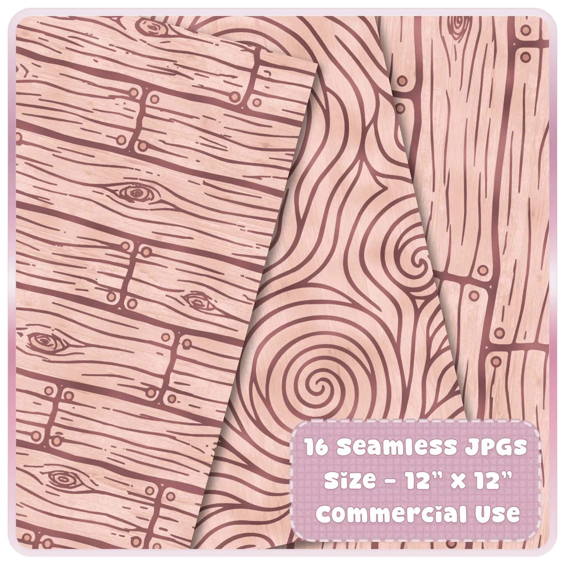 Blush fairytale wood seamless pattern mockup featuring pink rustic planks, whimsical tree rings, and woodland digital paper textures.