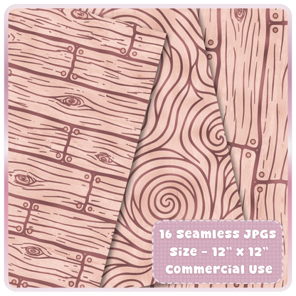 Blush fairytale wood seamless pattern mockup featuring pink rustic planks, whimsical tree rings, and woodland digital paper textures.