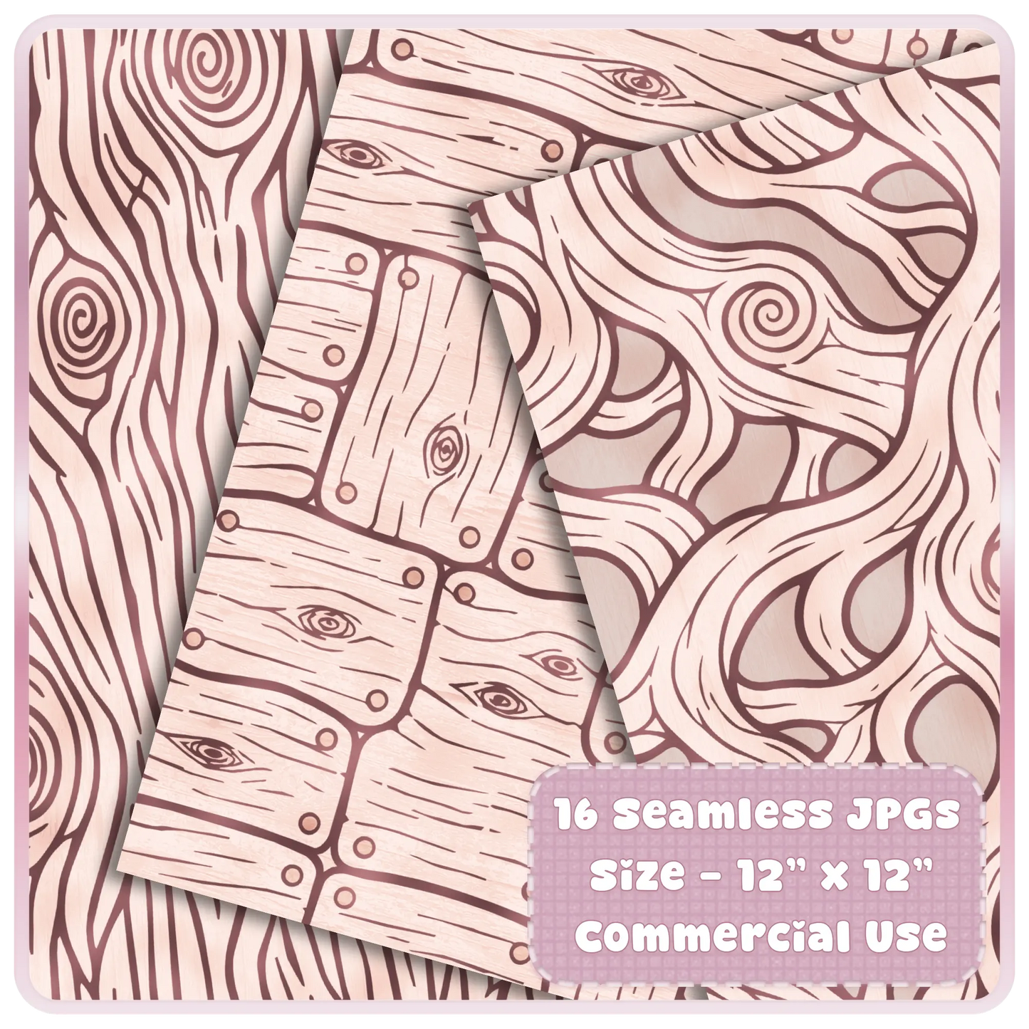Pink enchanted forest digital paper preview with seamless wood grain, rustic plank, and fairytale woodland patterns for printable crafts.
