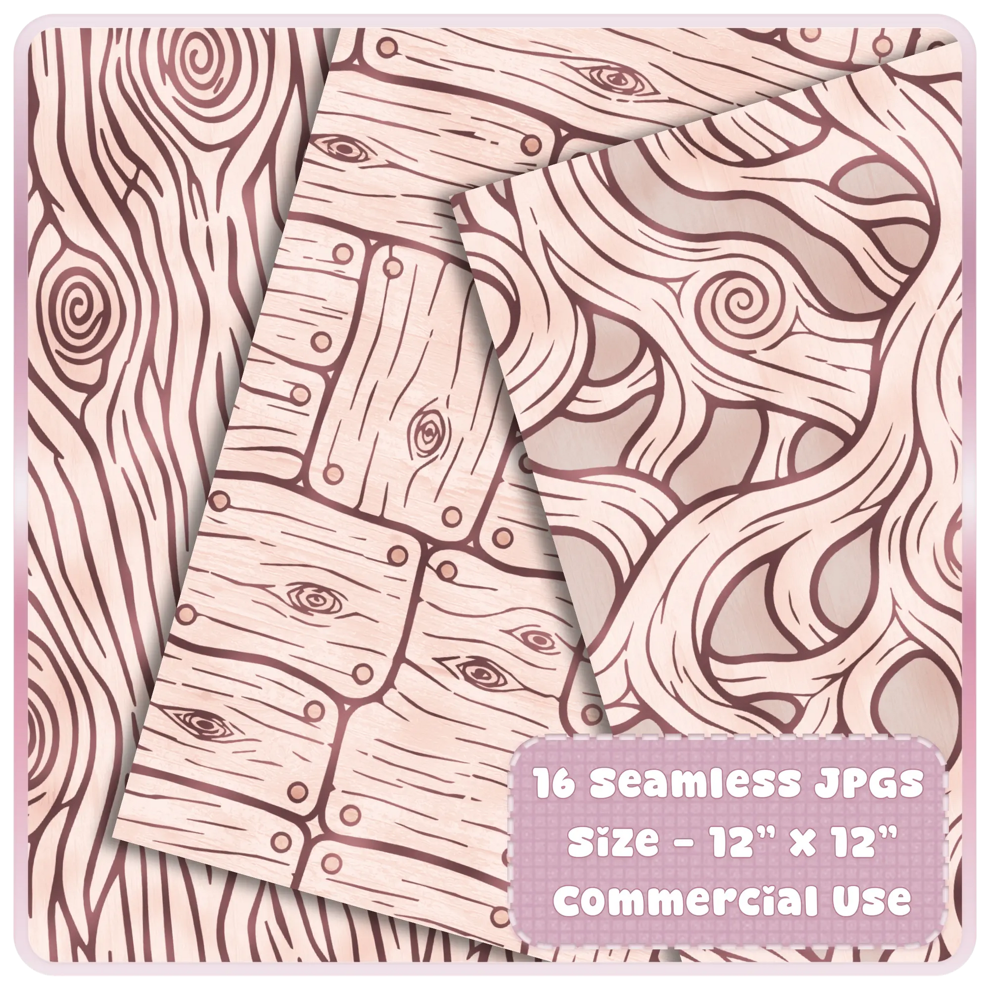 Pink enchanted forest digital paper preview with seamless wood grain, rustic plank, and fairytale woodland patterns for printable crafts.