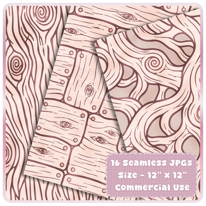 Pink enchanted forest digital paper preview with seamless wood grain, rustic plank, and fairytale woodland patterns for printable crafts.