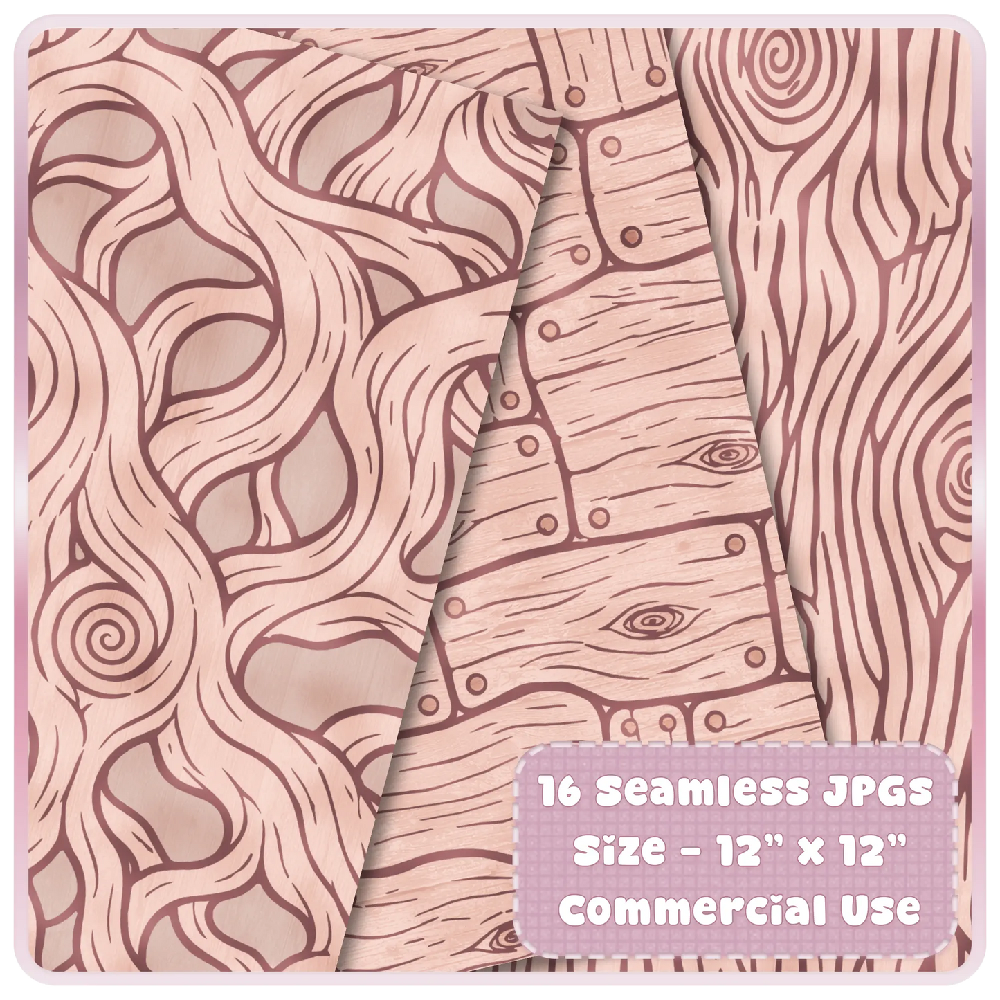 Blush pink woodland seamless papers featuring fairytale tree bark, rustic wood planks, and enchanted forest pattern designs.