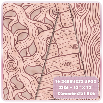 Blush pink woodland seamless papers featuring fairytale tree bark, rustic wood planks, and enchanted forest pattern designs.