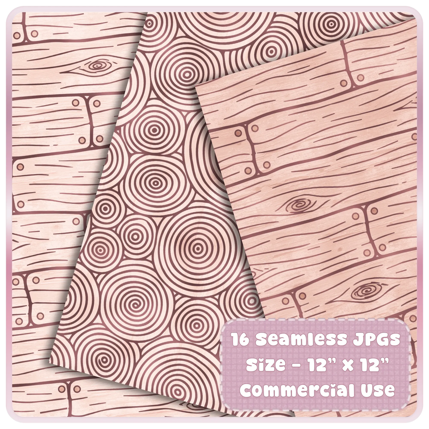 Seamless blush wood grain digital paper set with pink rustic plank textures and circular tree ring patterns for commercial craft use.