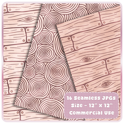 Seamless blush wood grain digital paper set with pink rustic plank textures and circular tree ring patterns for commercial craft use.