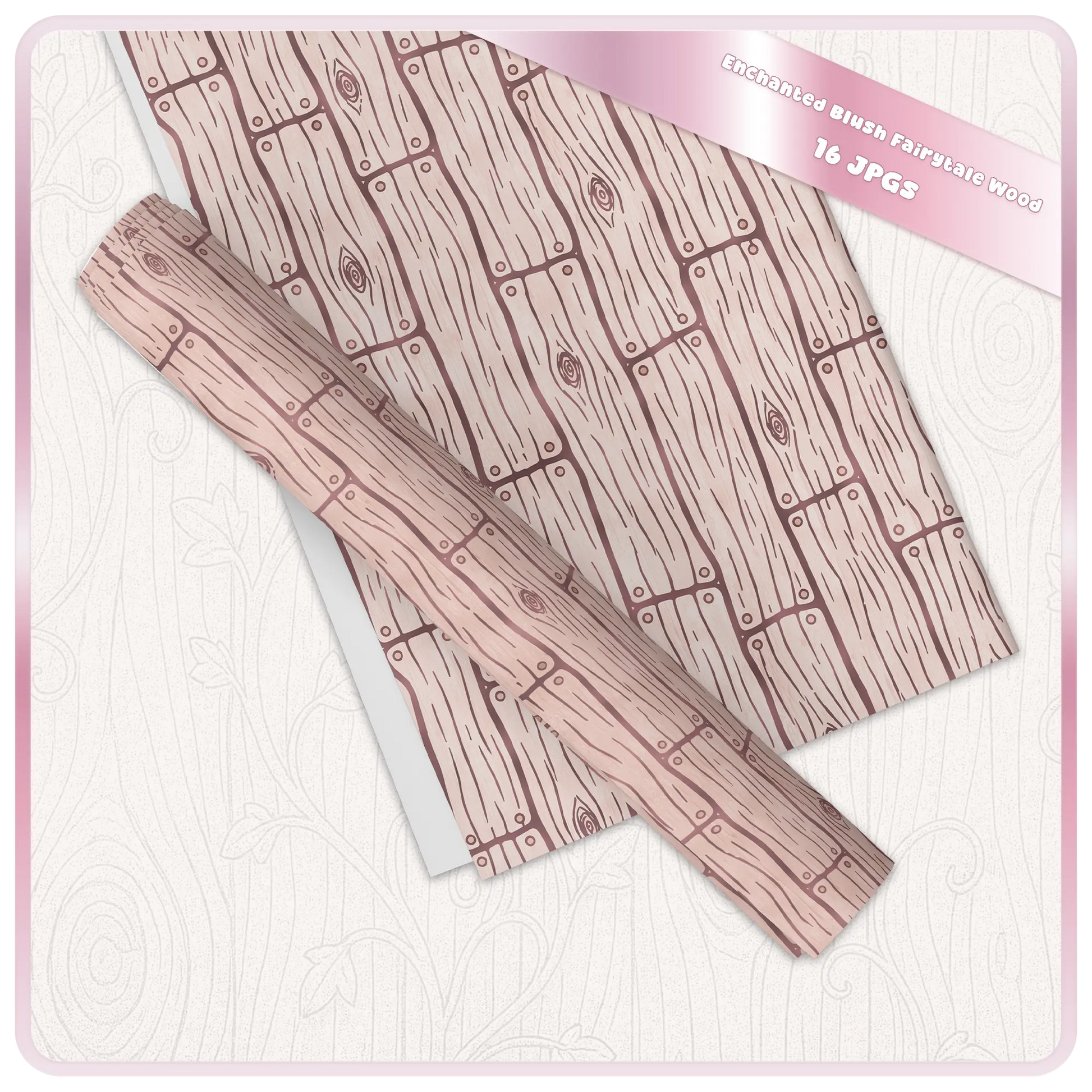 Blush fairytale wood digital paper mockup showing seamless rustic wood plank pattern and coordinating enchanted woodland background.