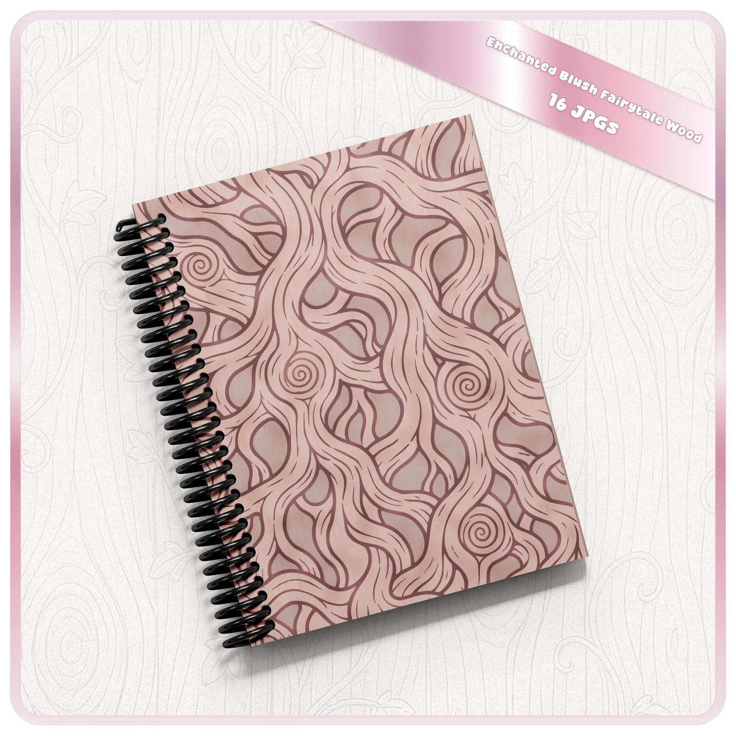 Spiral notebook mockup with blush enchanted woodland seamless pattern featuring pink fairytale wood grain and whimsical tree details.