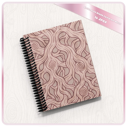 Spiral notebook mockup with blush enchanted woodland seamless pattern featuring pink fairytale wood grain and whimsical tree details.
