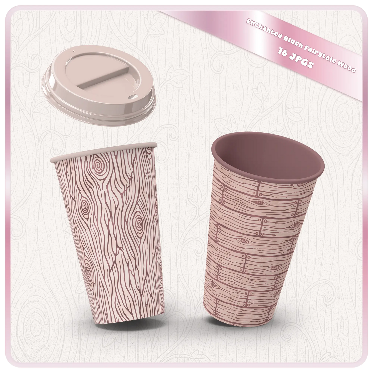 Coffee cup mockup using blush pink seamless wood grain patterns with enchanted fairytale woodland textures for sublimation design.