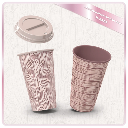Coffee cup mockup using blush pink seamless wood grain patterns with enchanted fairytale woodland textures for sublimation design.