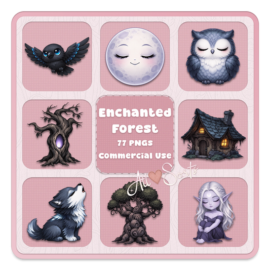 Enchanted forest clipart bundle, dark fantasy woodland animals, mystical trees, moon, elf characters PNG set for crafts and sublimation